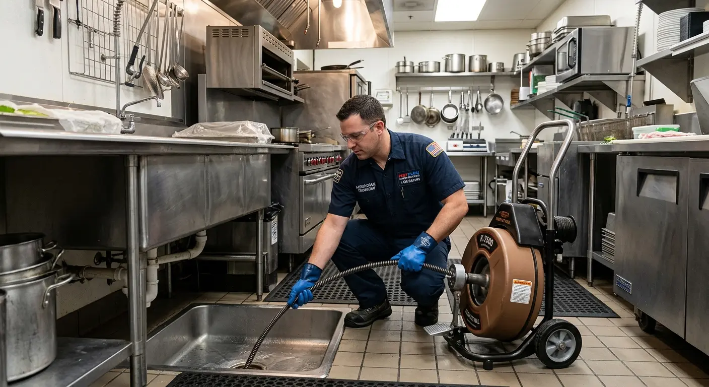 Commercial drain cleaning service in a restaurant kitchen in Scriba