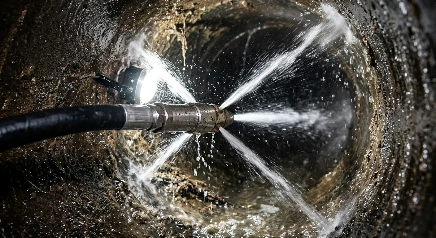 High-pressure hydro jetting nozzle cleaning sewer pipe for Trenchless Sewer Repair in Scriba
