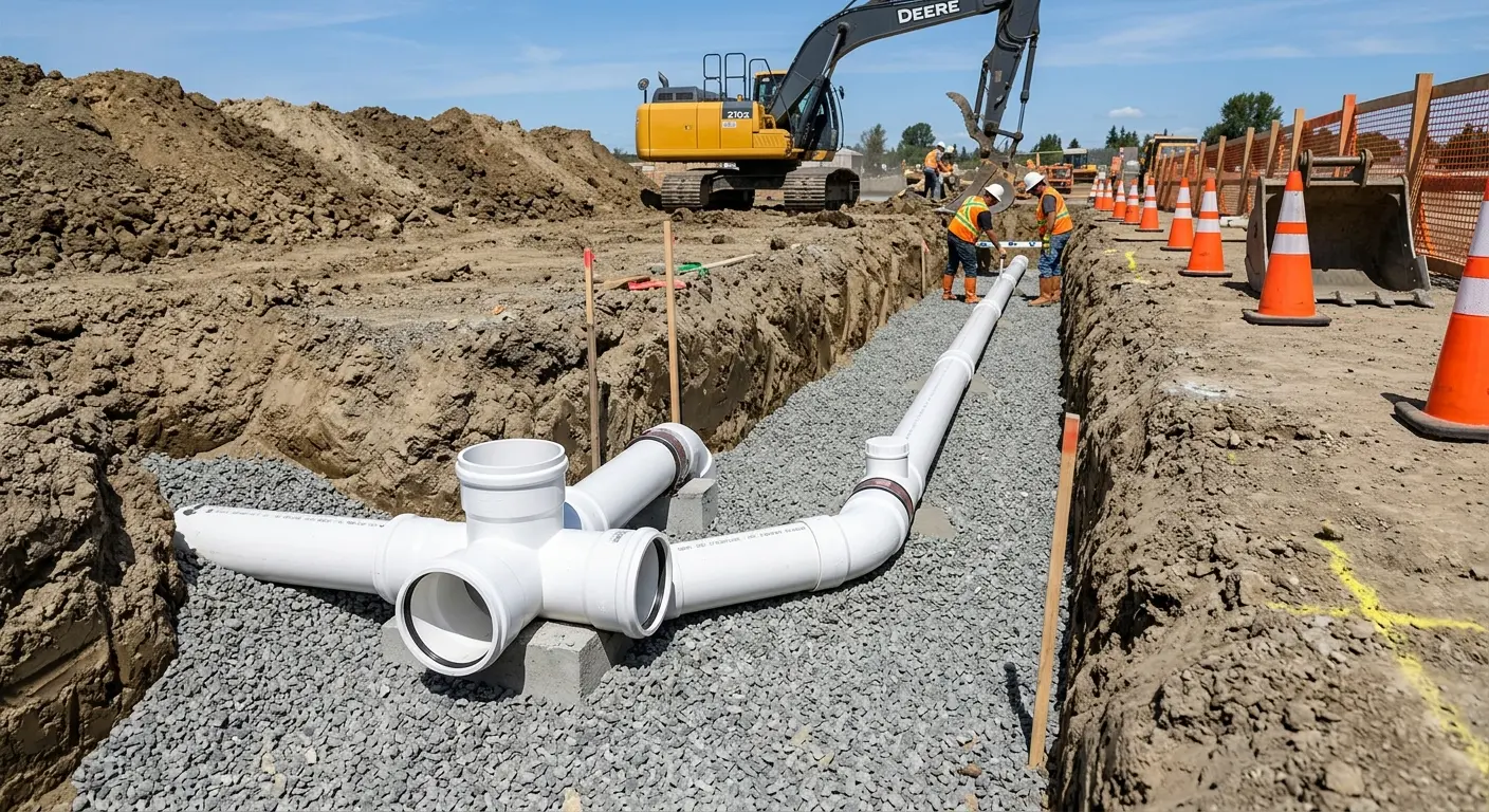 New PVC sewer pipe installation in open trench for Commercial Drain Cleaning in Scriba