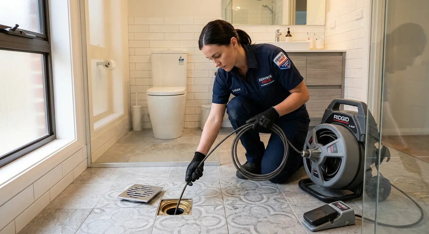 Technician clearing a bathroom floor drain for Clogged Drain Repair in Scriba